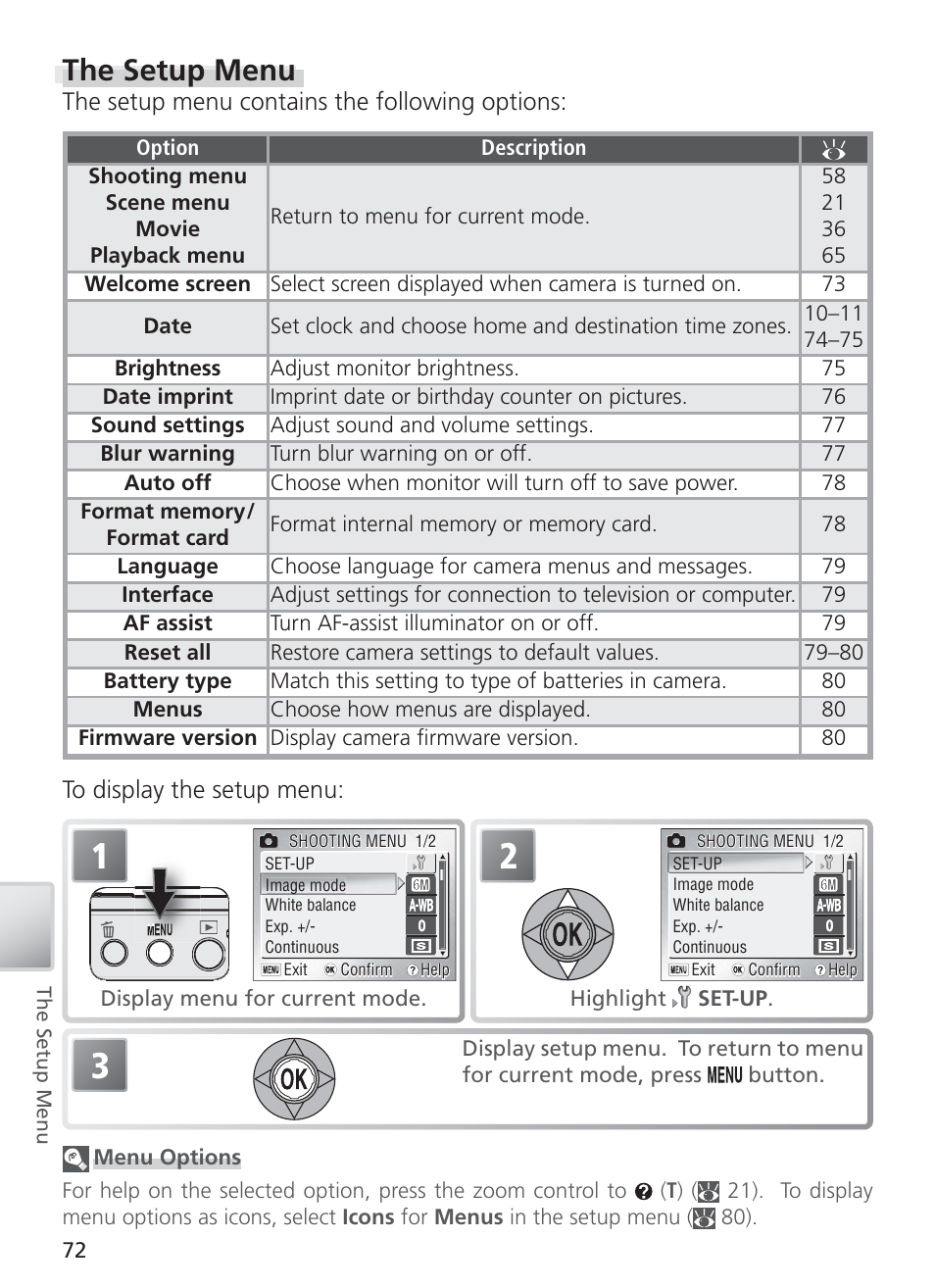 The setup menu, The setup menu contains the following options | Nikon S4 User Manual | Page 82 / 108