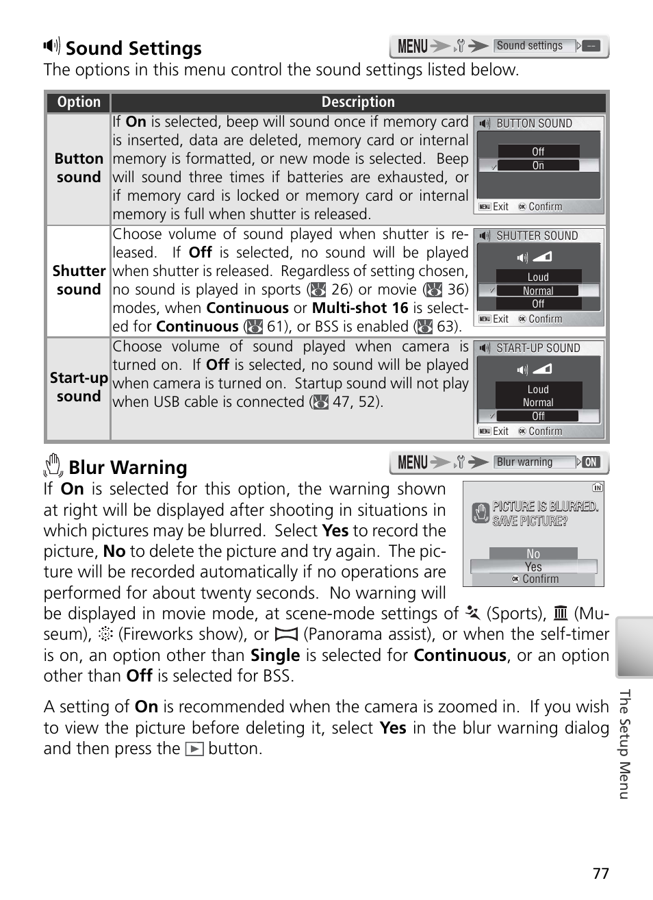 Sound settings, Blur warning | Nikon S4 User Manual | Page 87 / 108