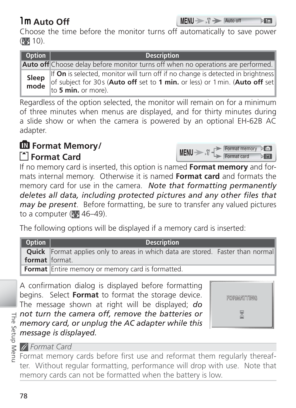 Auto off, Format memory/format card | Nikon S4 User Manual | Page 88 / 108
