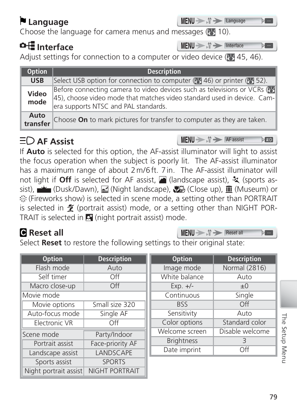 Language, Interface, Af assist | Reset all | Nikon S4 User Manual | Page 89 / 108