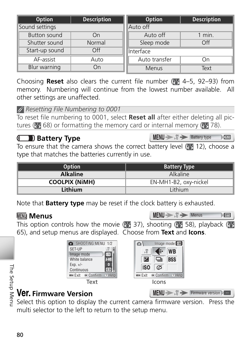 Battery type, Menus, Firmware version | Nikon S4 User Manual | Page 90 / 108