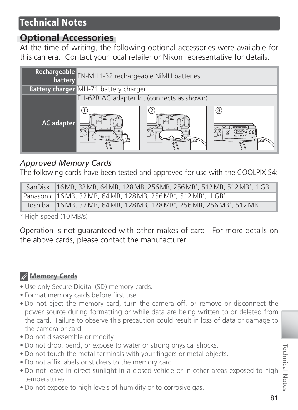 Technical notes, Optional accessories | Nikon S4 User Manual | Page 91 / 108