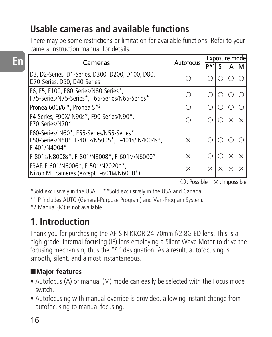 Usable cameras and available functions, Introduction | Nikon AF-S 24-70mm f-2.8G ED User Manual | Page 16 / 122