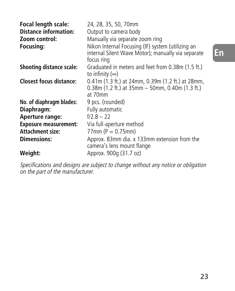 Nikon AF-S 24-70mm f-2.8G ED User Manual | Page 23 / 122