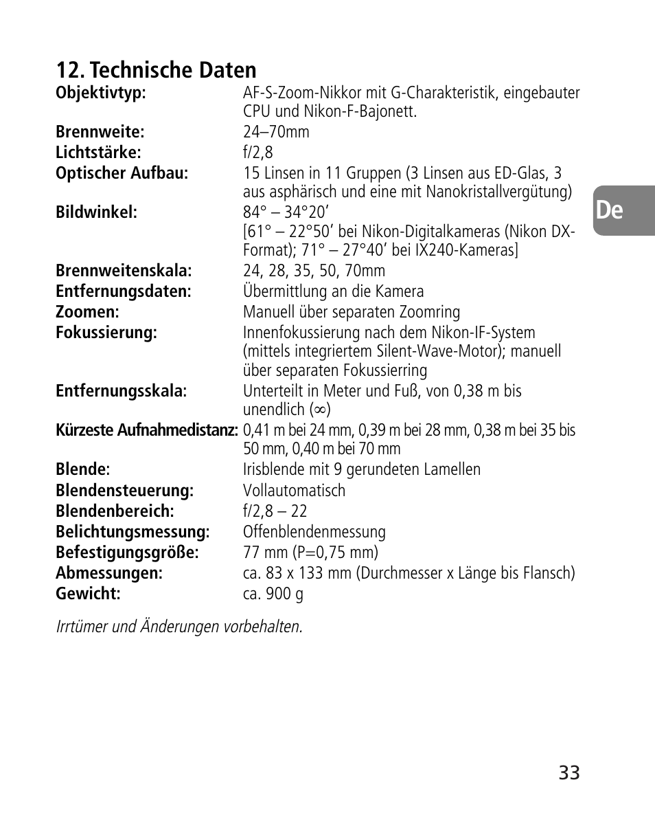 Technische daten | Nikon AF-S 24-70mm f-2.8G ED User Manual | Page 33 / 122