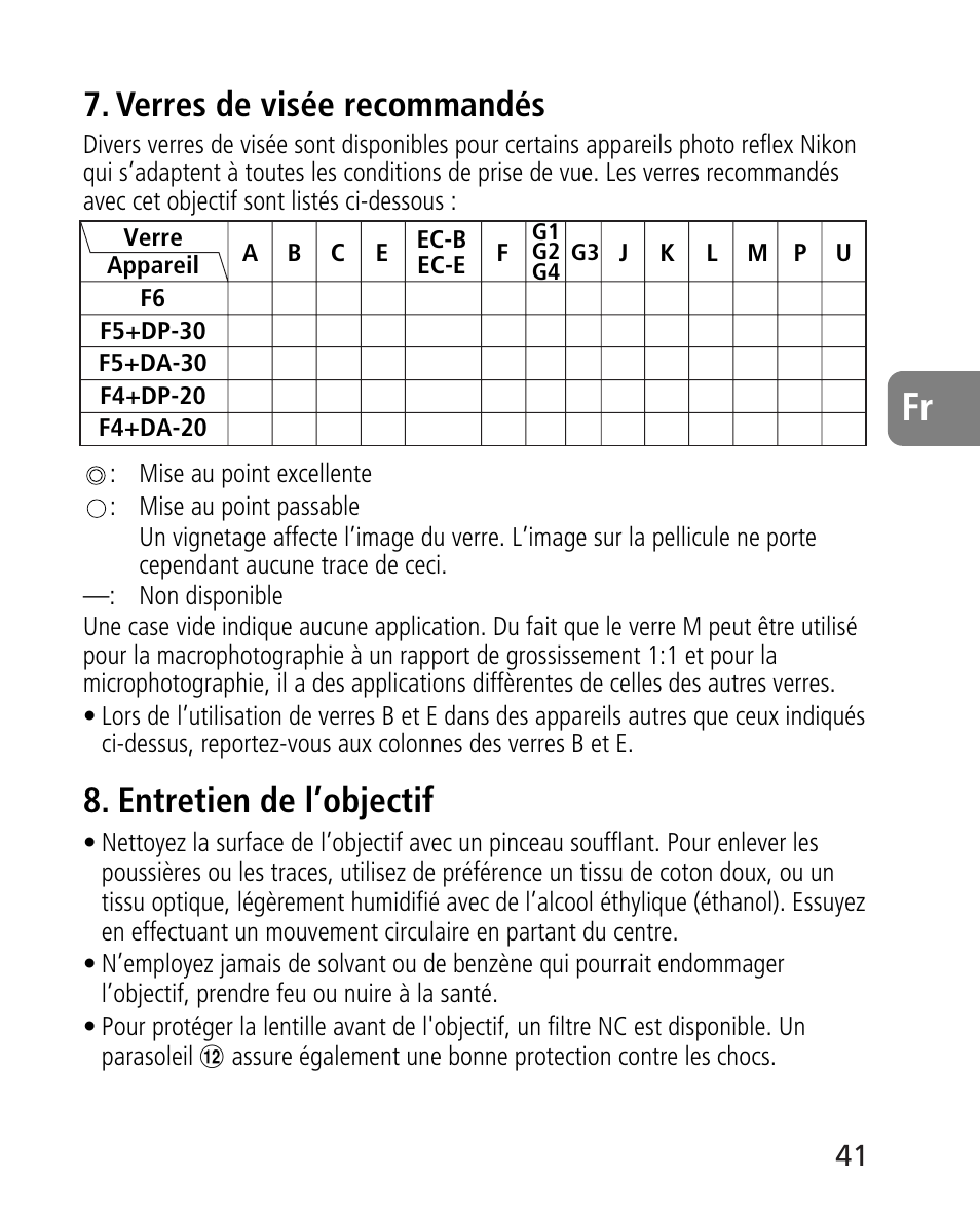 Verres de visée recommandés, Entretien de l’objectif | Nikon AF-S 24-70mm f-2.8G ED User Manual | Page 41 / 122