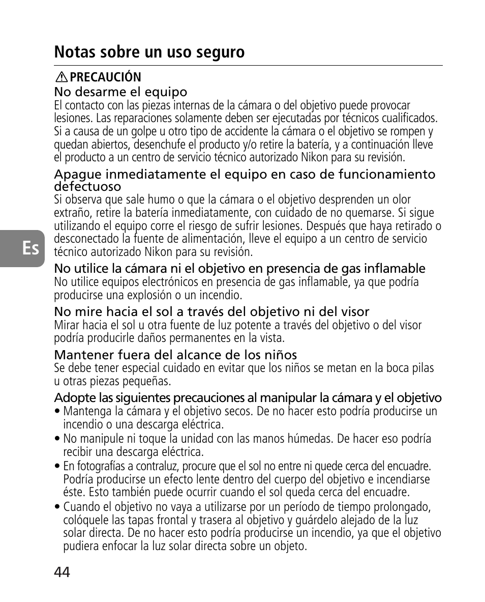 Notas sobre un uso seguro | Nikon AF-S 24-70mm f-2.8G ED User Manual | Page 44 / 122