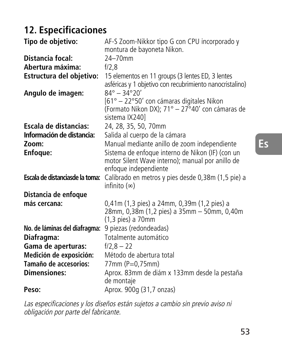 Especificaciones | Nikon AF-S 24-70mm f-2.8G ED User Manual | Page 53 / 122