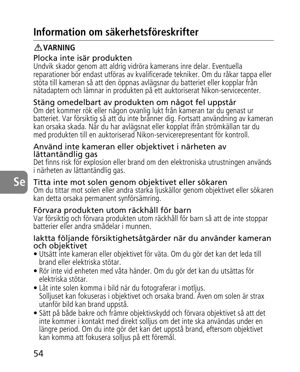 Information om säkerhetsföreskrifter | Nikon AF-S 24-70mm f-2.8G ED User Manual | Page 54 / 122