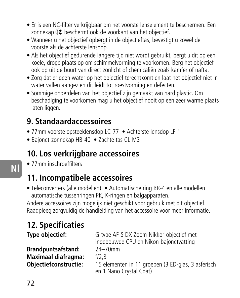 Standaardaccessoires, Los verkrijgbare accessoires, Incompatibele accessoires | Specificaties | Nikon AF-S 24-70mm f-2.8G ED User Manual | Page 72 / 122