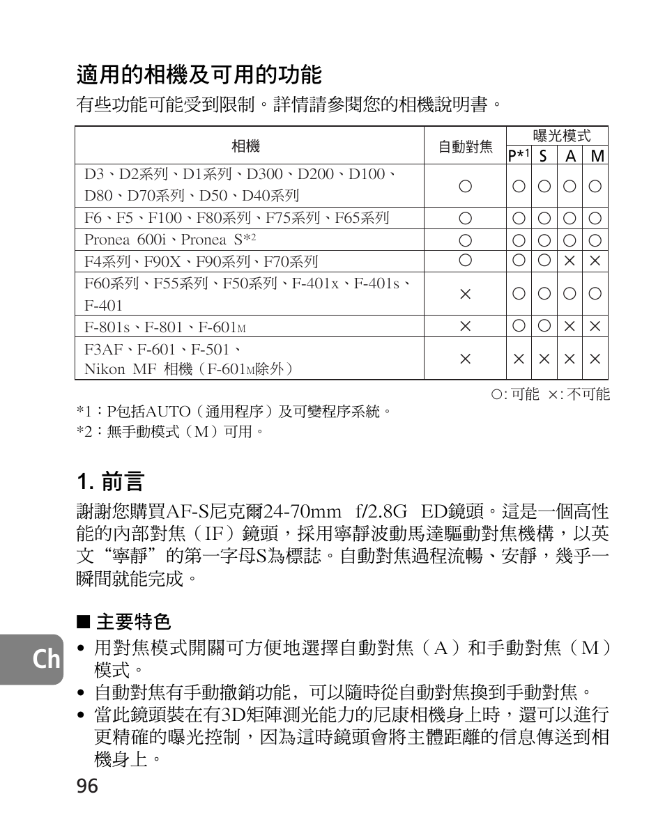 適用的相機及可用的功能 | Nikon AF-S 24-70mm f-2.8G ED User Manual | Page 96 / 122