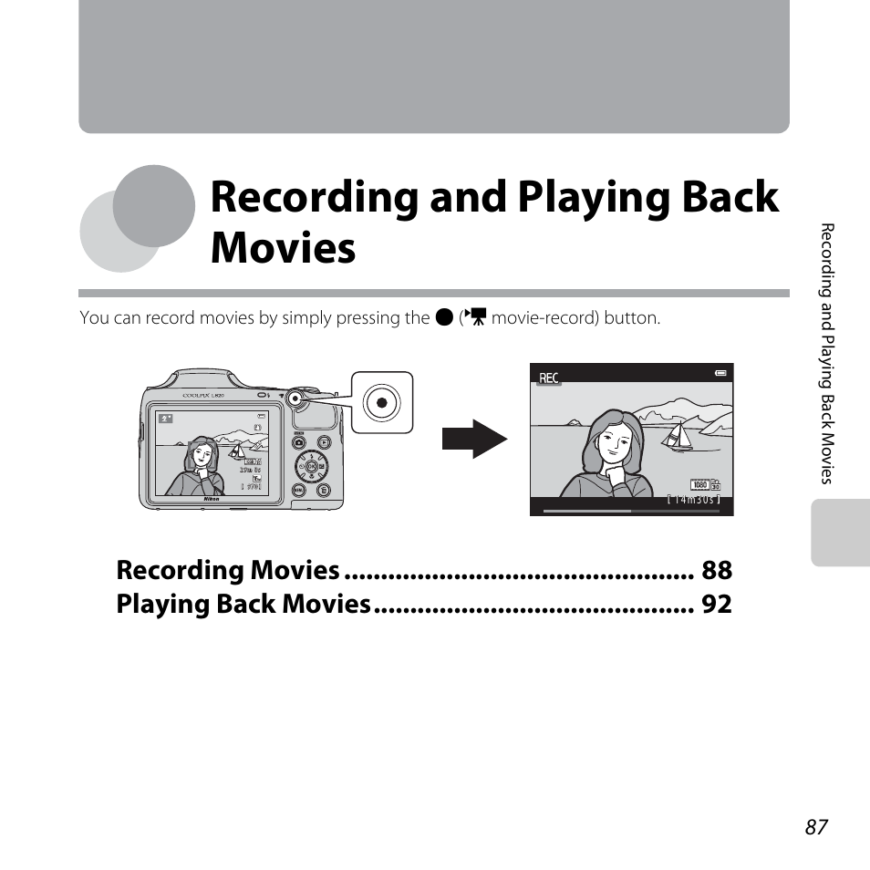 Recording and playing back movies, Recording movies playing back movies | Nikon L820 User Manual | Page 107 / 240