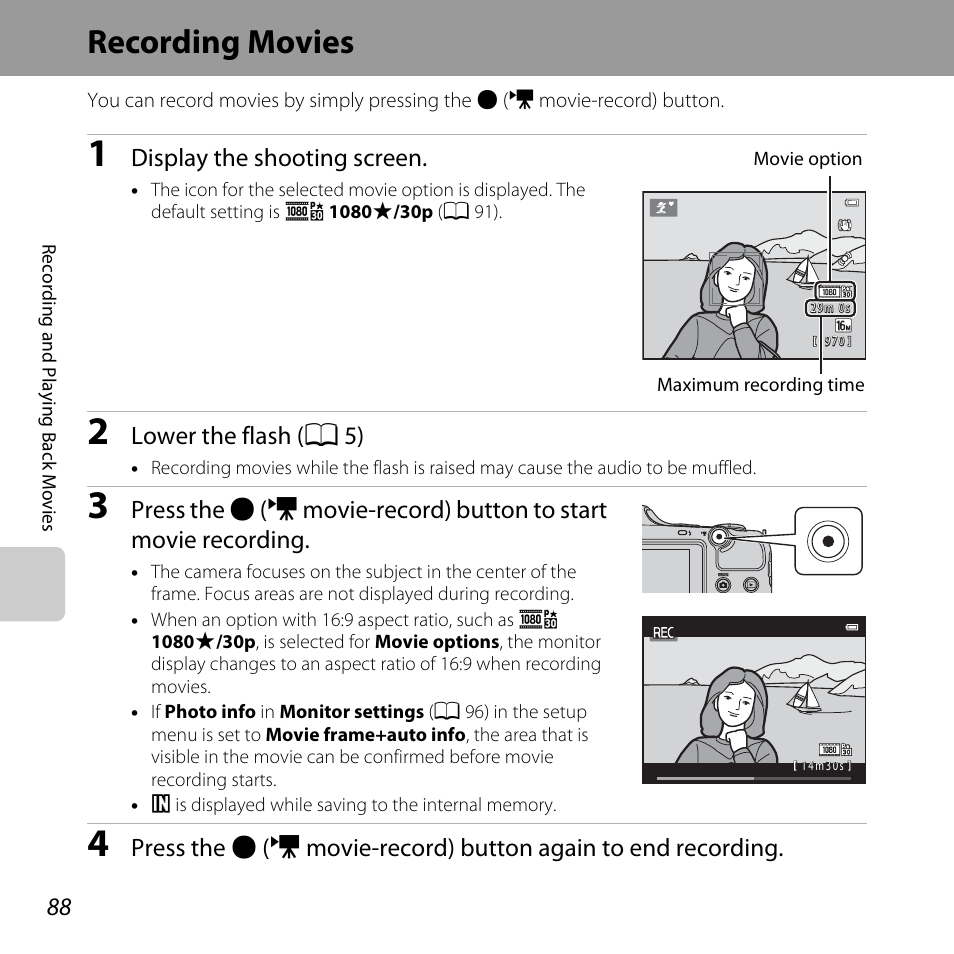 Recording movies | Nikon L820 User Manual | Page 108 / 240