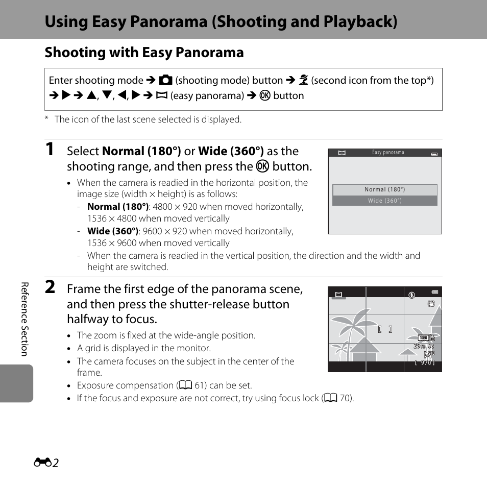 Using easy panorama (shooting and playback), Shooting with easy panorama | Nikon L820 User Manual | Page 120 / 240