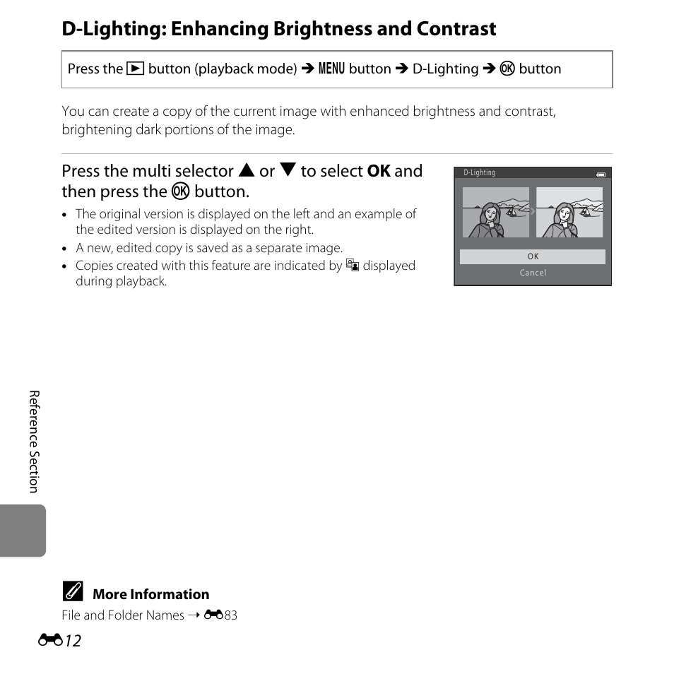 D-lighting: enhancing brightness and contrast, E12) | Nikon L820 User Manual | Page 130 / 240