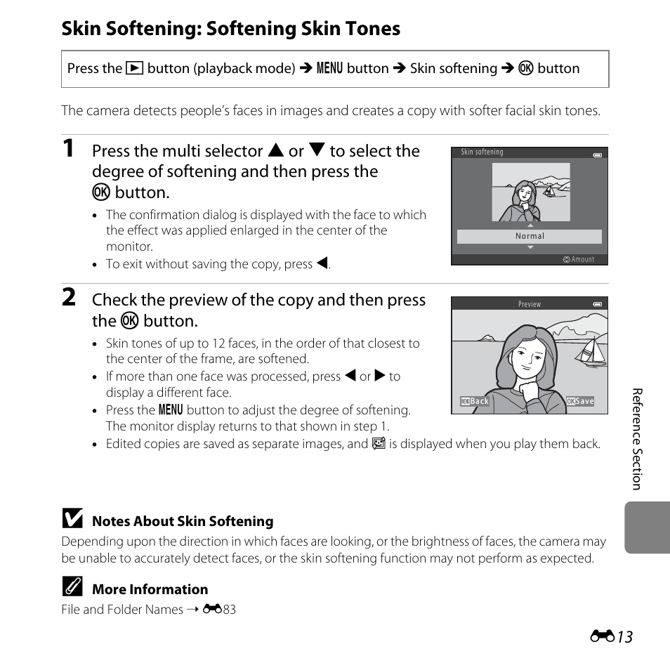 Skin softening: softening skin tones, E13) | Nikon L820 User Manual | Page 131 / 240