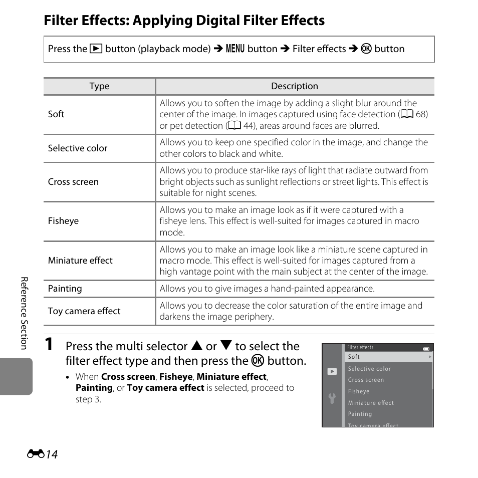 Filter effects: applying digital filter effects, S (e14) | Nikon L820 User Manual | Page 132 / 240