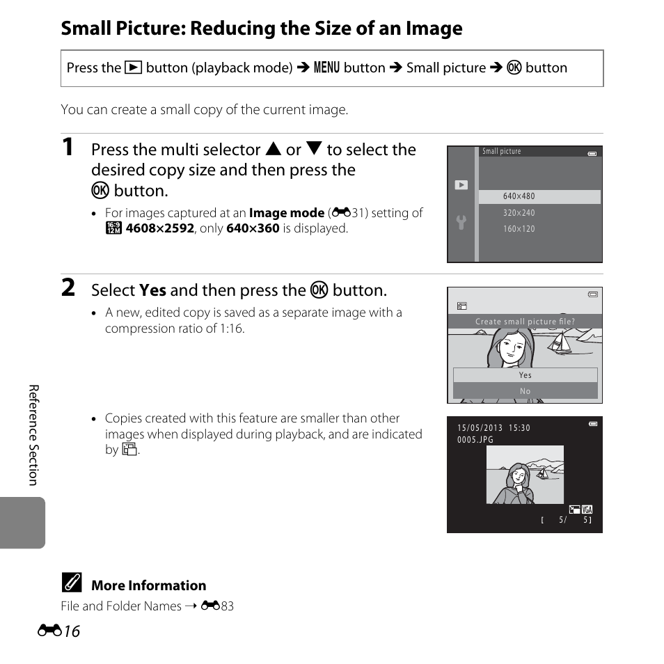 Small picture: reducing the size of an image, Select yes and then press the k button | Nikon L820 User Manual | Page 134 / 240