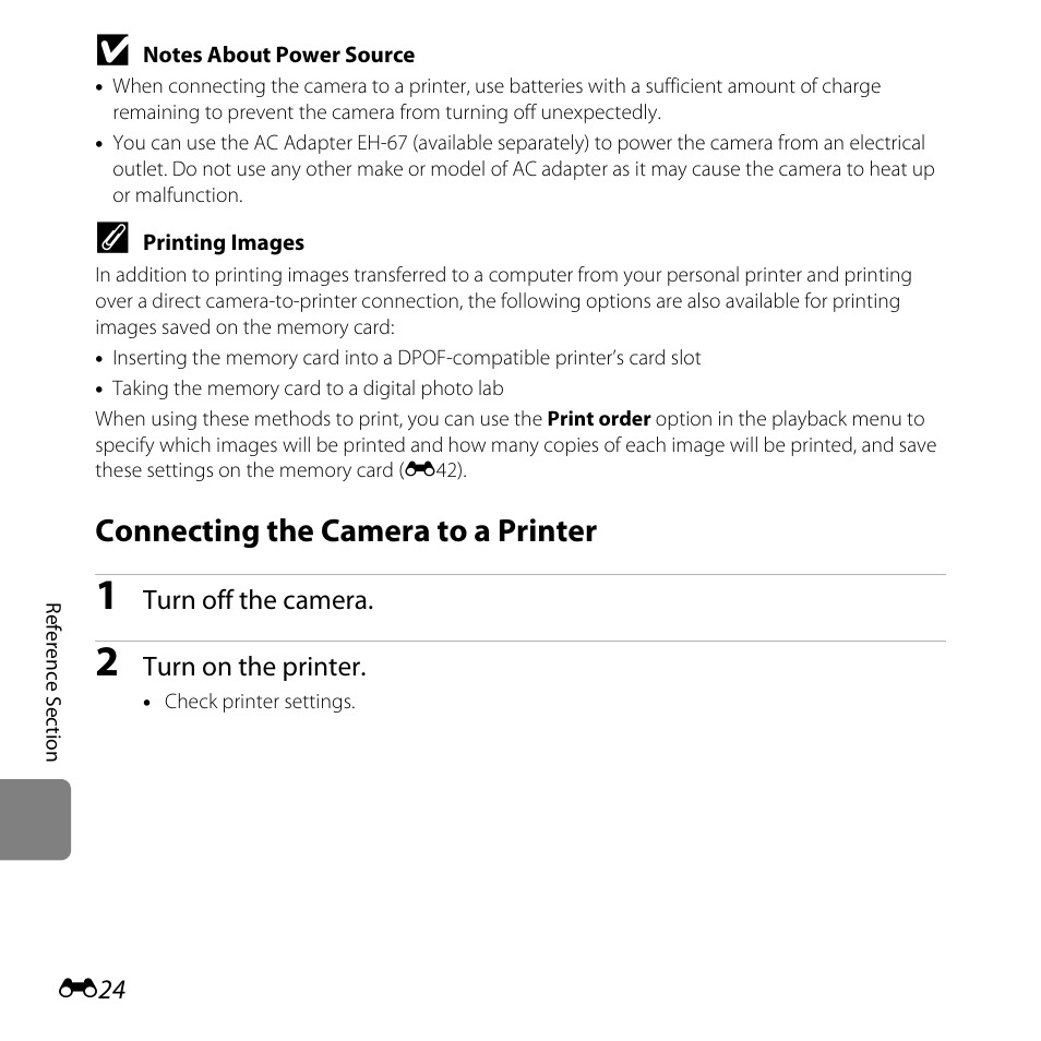 Connecting the camera to a printer, E24) | Nikon L820 User Manual | Page 142 / 240