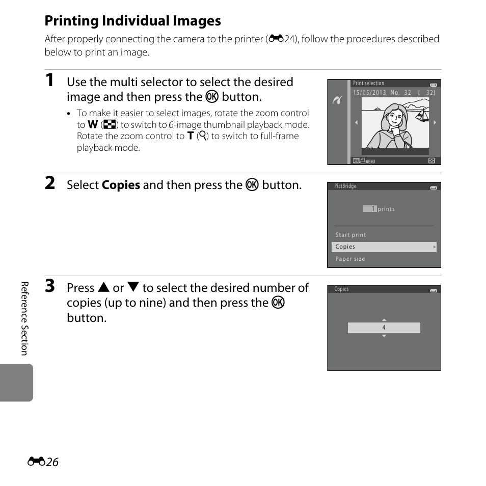 Printing individual images, E26), Select copies and then press the k button | Nikon L820 User Manual | Page 144 / 240