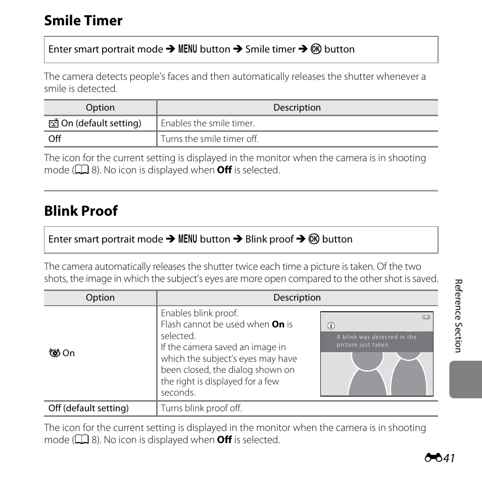 Smile timer, Blink proof, E41) | E41) to | Nikon L820 User Manual | Page 159 / 240