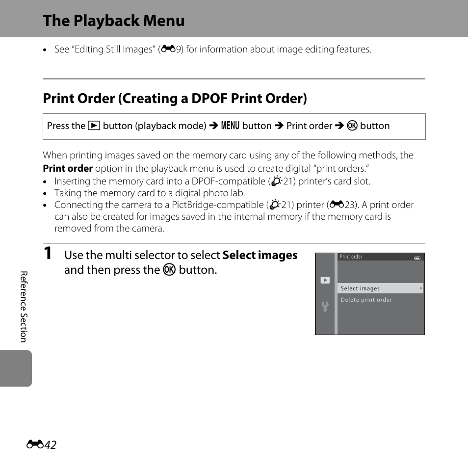 The playback menu, Print order (creating a dpof print order), E42) | Nikon L820 User Manual | Page 160 / 240