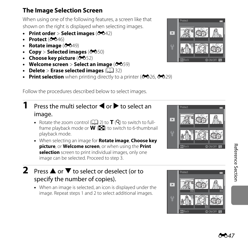 The image selection screen” (e47), The image selection screen, Press the multi selector j or k to select an image | Nikon L820 User Manual | Page 165 / 240