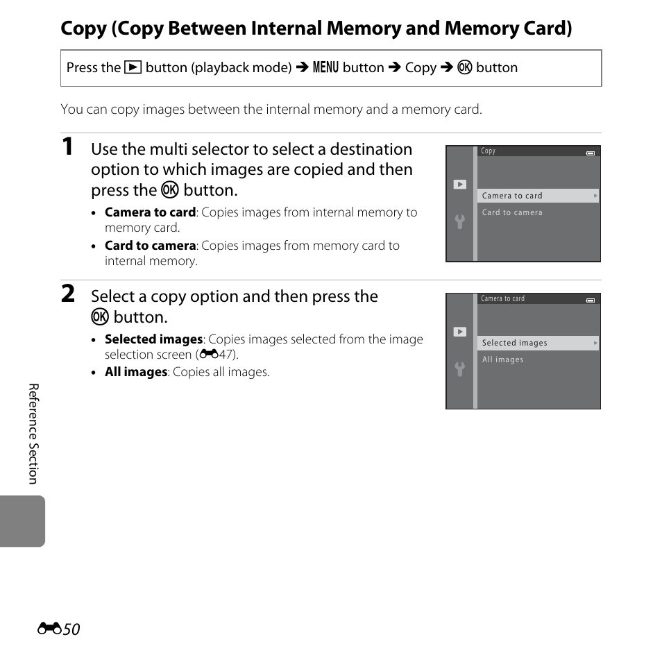 E50), Select a copy option and then press the k button | Nikon L820 User Manual | Page 168 / 240