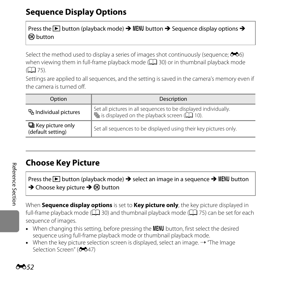 Sequence display options, Choose key picture, Menu | E52) | Nikon L820 User Manual | Page 170 / 240