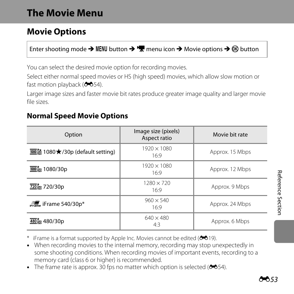 The movie menu, Movie options, Normal speed movie options | Nikon L820 User Manual | Page 171 / 240