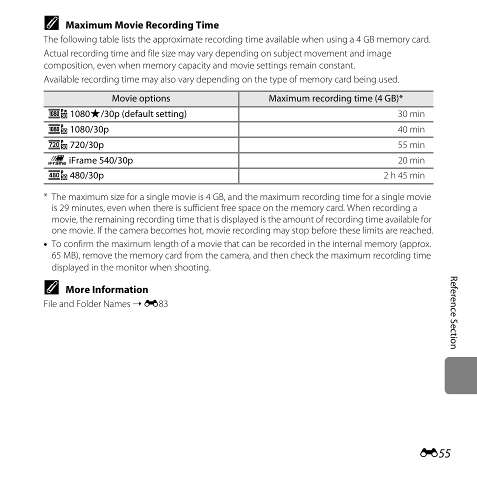 Maximum movie recording time | Nikon L820 User Manual | Page 173 / 240