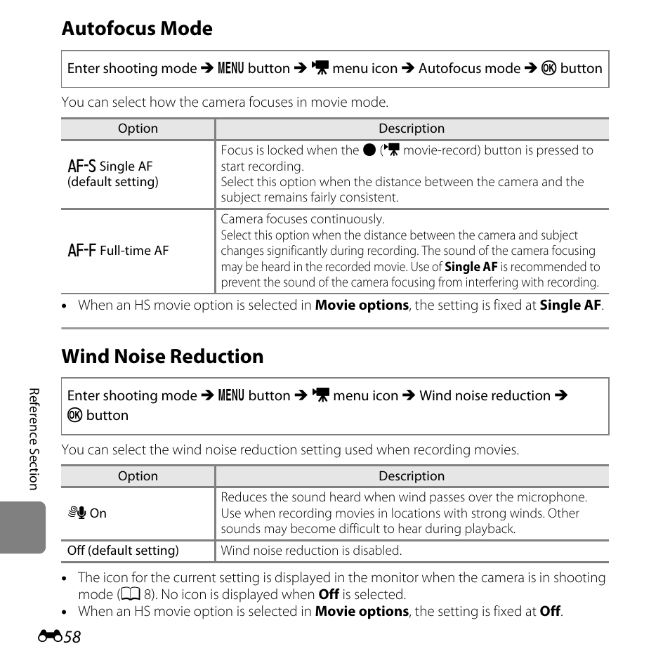 Autofocus mode, Wind noise reduction, E58) | Nikon L820 User Manual | Page 176 / 240