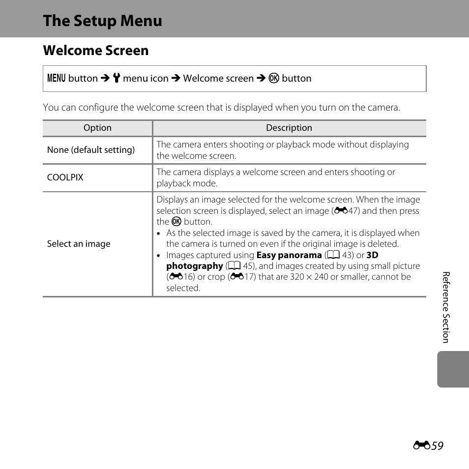 The setup menu, Welcome screen, E59) | Nikon L820 User Manual | Page 177 / 240