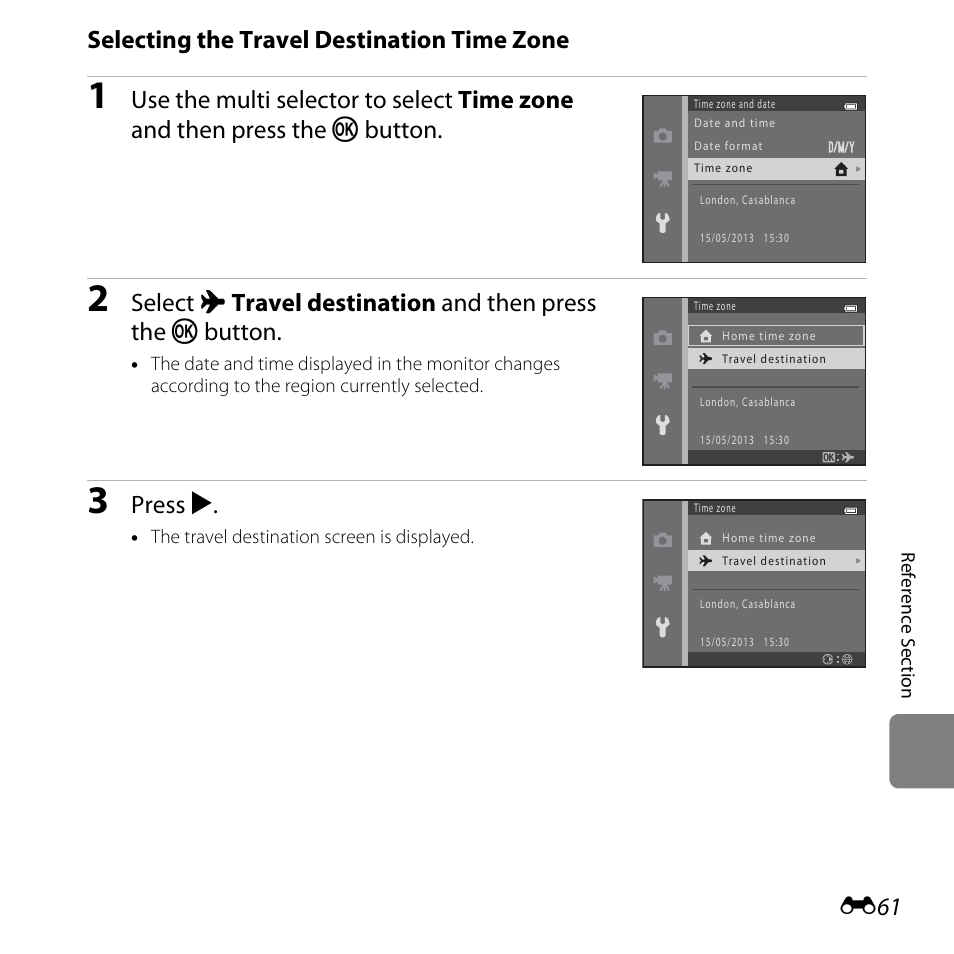 Selecting the travel destination time zone, Press k | Nikon L820 User Manual | Page 179 / 240