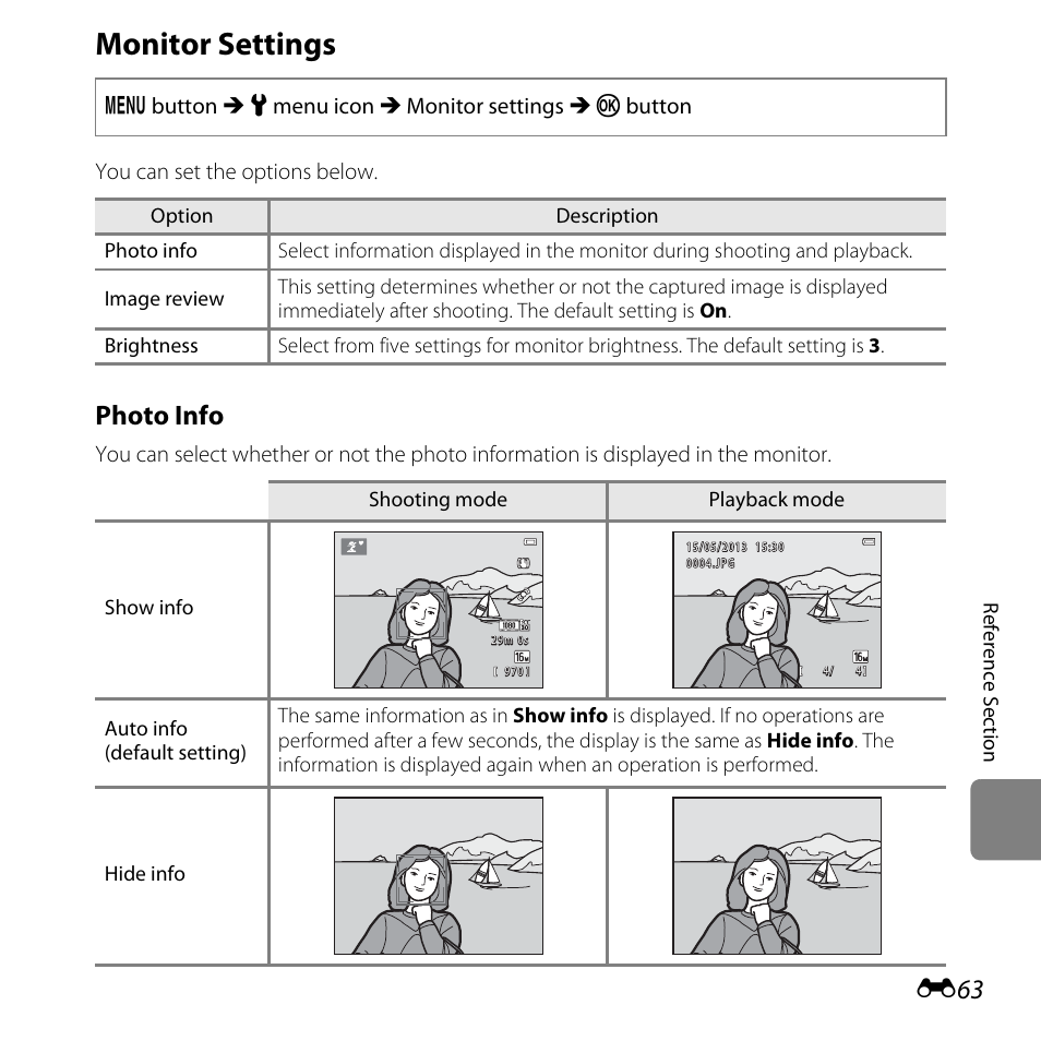 Monitor settings, E63), Photo info | Nikon L820 User Manual | Page 181 / 240