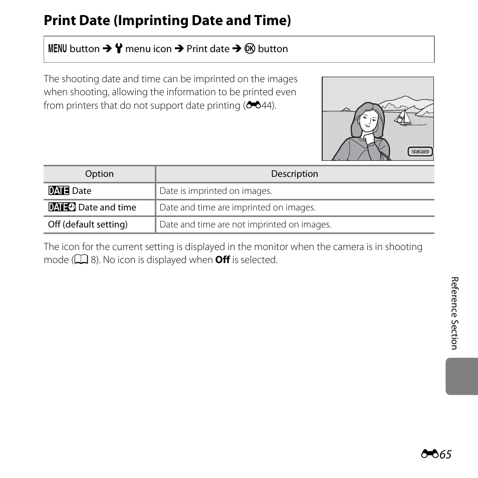Print date (imprinting date and time), E65) in, E65) i | Nikon L820 User Manual | Page 183 / 240