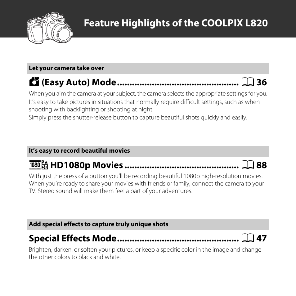 Feature highlights of the coolpix l820 | Nikon L820 User Manual | Page 2 / 240