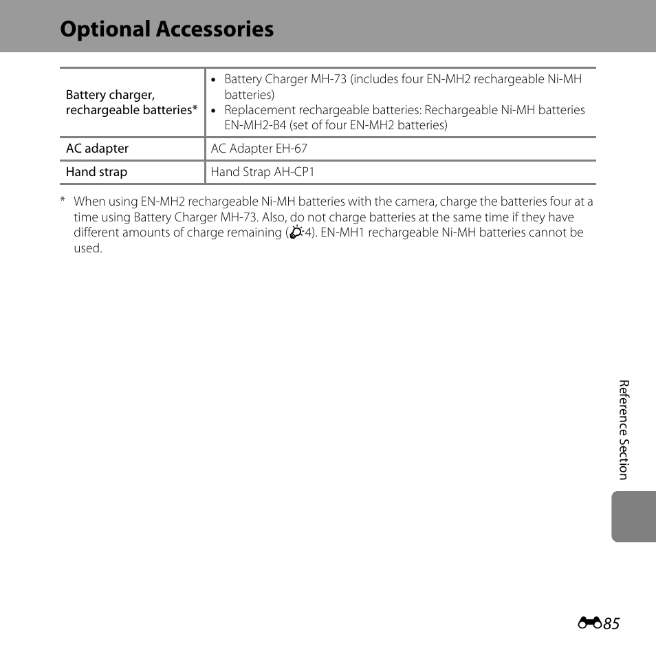 Optional accessories, Ly; e85) | Nikon L820 User Manual | Page 203 / 240