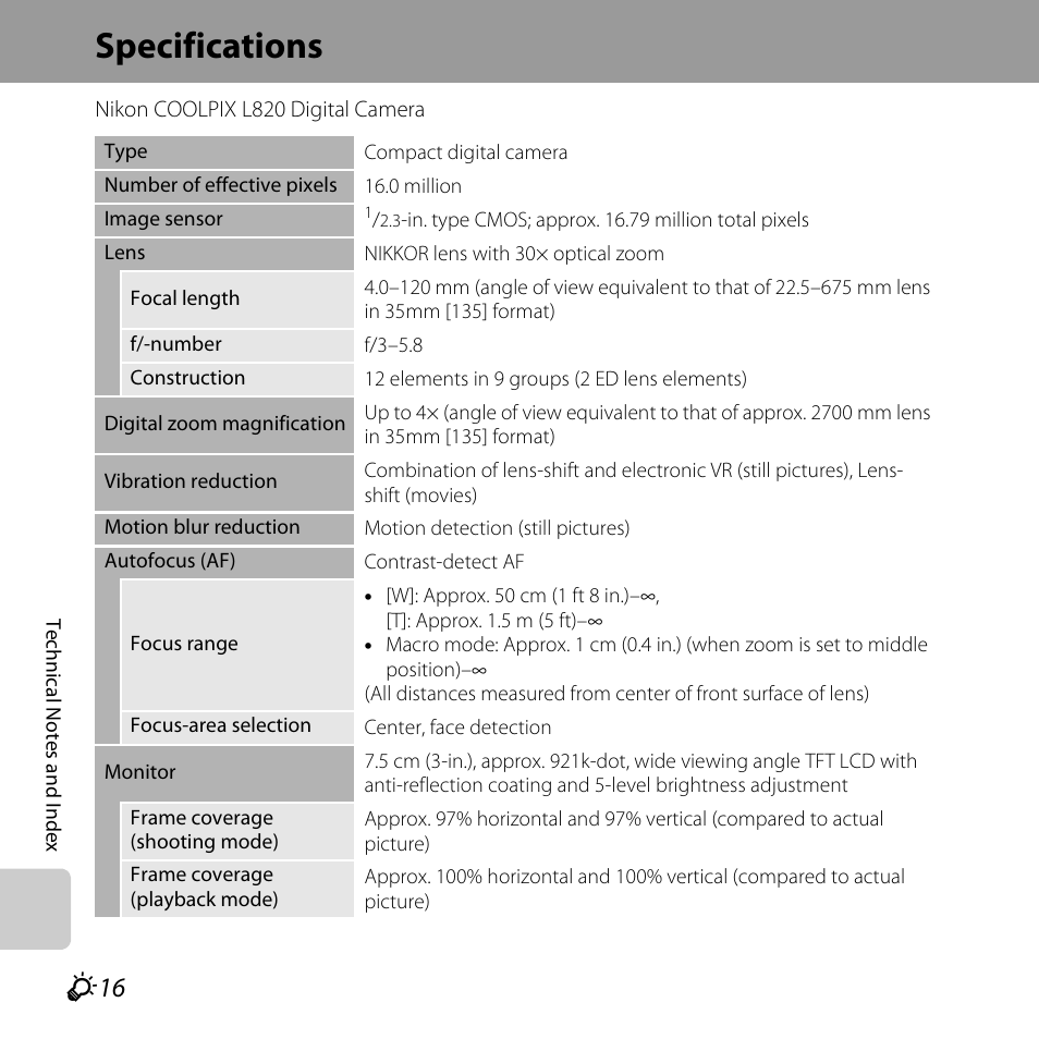 Specifications, F 16 | Nikon L820 User Manual | Page 226 / 240