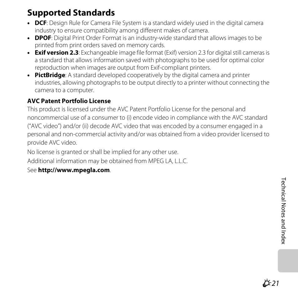 Supported standards, Ompatible, F21) printers ca | F21) printer’s, F21) printer, F21) that suppor | Nikon L820 User Manual | Page 231 / 240