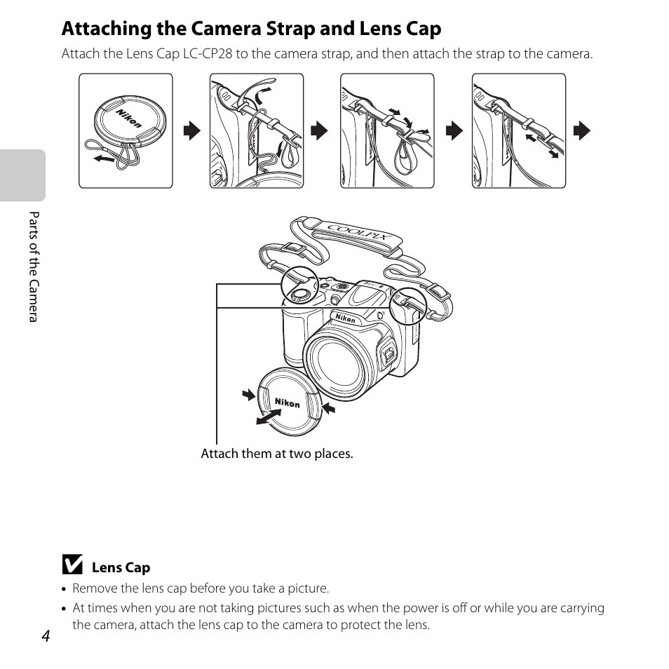 Attaching the camera strap and lens cap | Nikon L820 User Manual | Page 24 / 240