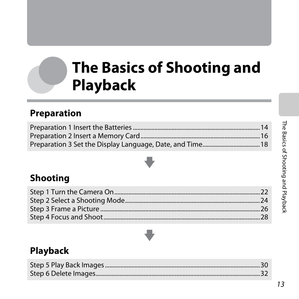 The basics of shooting and playback, A 13), E “the basics of shooting and | Playback, Preparation, Shooting | Nikon L820 User Manual | Page 33 / 240