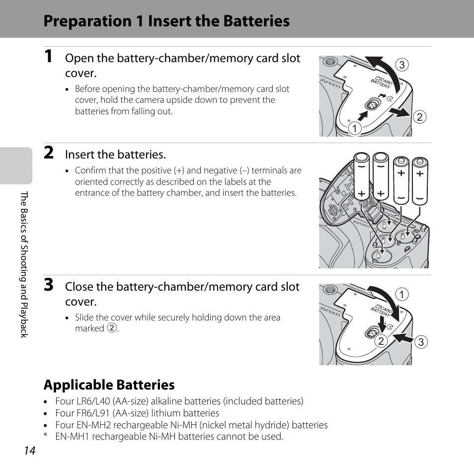 Preparation 1 insert the batteries, Applicable batteries | Nikon L820 User Manual | Page 34 / 240