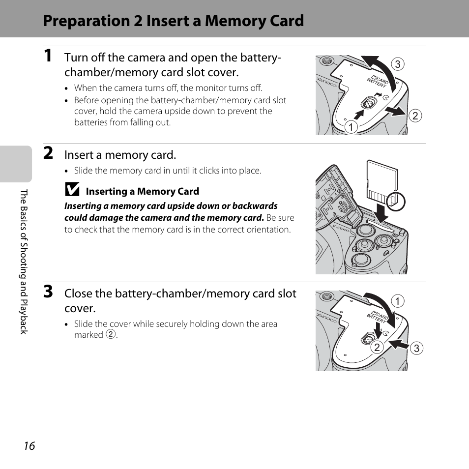 Preparation 2 insert a memory card | Nikon L820 User Manual | Page 36 / 240