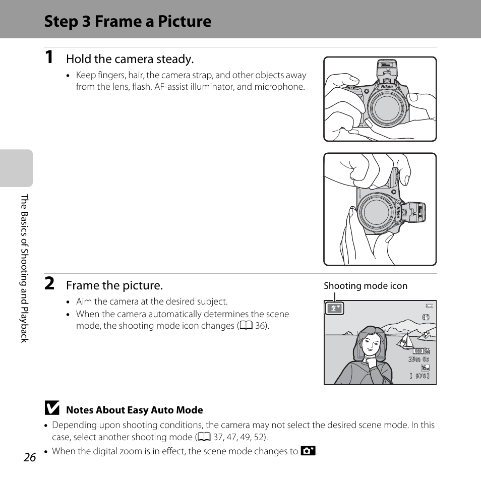 Step 3 frame a picture, Hold the camera steady, Frame the picture | Nikon L820 User Manual | Page 46 / 240