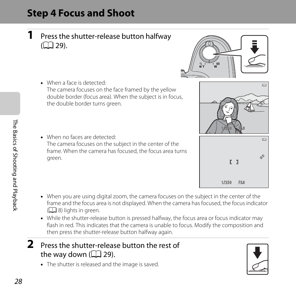 Step 4 focus and shoot, Press the shutter-release button halfway (a 29) | Nikon L820 User Manual | Page 48 / 240