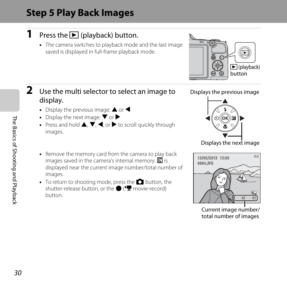 Step 5 play back images, Press the c (playback) button | Nikon L820 User Manual | Page 50 / 240