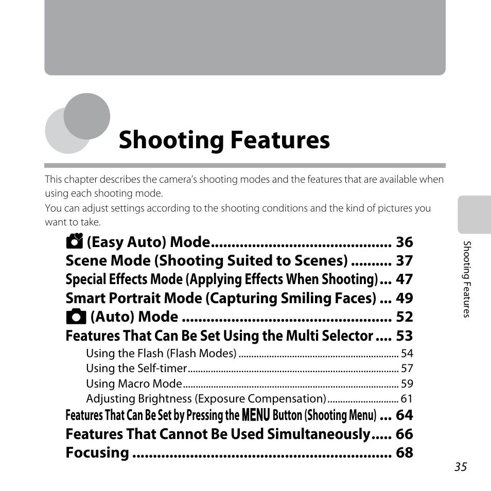 Shooting features | Nikon L820 User Manual | Page 55 / 240