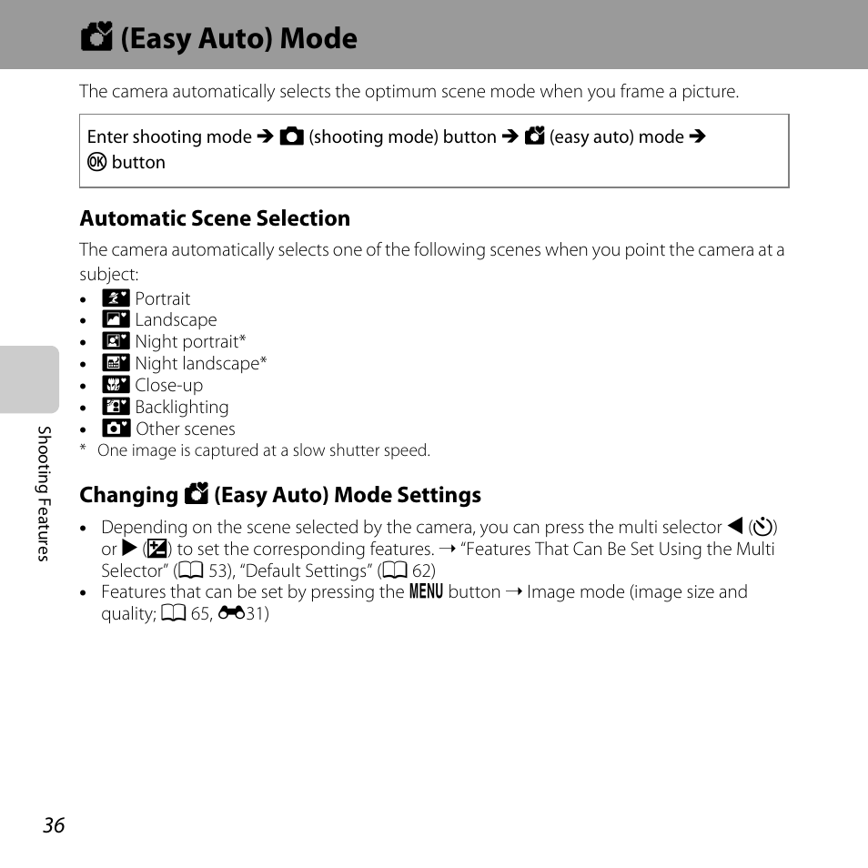 Easy auto mode, G (easy auto) mode, A 36) | Automatic scene selection, Changing g (easy auto) mode settings | Nikon L820 User Manual | Page 56 / 240