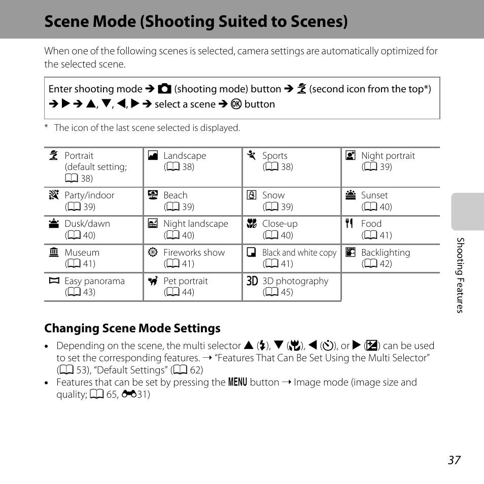 Scene mode (shooting suited to scenes), A 37, Changing scene mode settings | Nikon L820 User Manual | Page 57 / 240